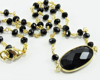 Dainty Black Beaded Necklace, Oval Onyx Pendant, Gold and Black Necklace, Onyx Rosary Chain, Gifts For Women