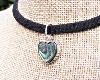 ABALONE HEART STRETCH Choker, Shell Choker, Black Nylon Choker, Boho Seashell Choker, Beach Choker, Gift For Her, Biker Chick Necklace