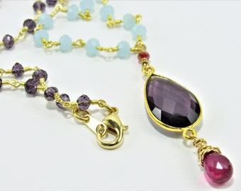 Big Amethyst Pendant Necklace, Blue Chalcedony, Pink Sapphire, Boho Amethyst Rosary Chain, February Birthstone, Purple and Blue Gemstone