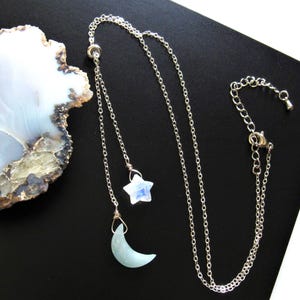 Gemstone Moon and Star Y Necklace, Celestial Necklace, Rainbow Moonstone Star, Aquamarine Moon Pendant, Blue Flash, Women&#39;s Anniversary Gift