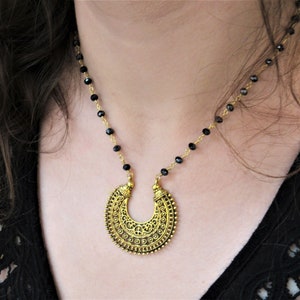 Boho Gold Ethnic Necklace, Black Beaded Necklace, Dainty Onyx Chain, Tibetan Pendant, Trendy Bohemian Jewelry, Gift For Women image 1
