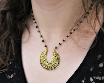 Boho Gold Ethnic Necklace, Black Beaded Necklace, Dainty Onyx Chain, Tibetan Pendant, Trendy Bohemian Jewelry, Gift For Women