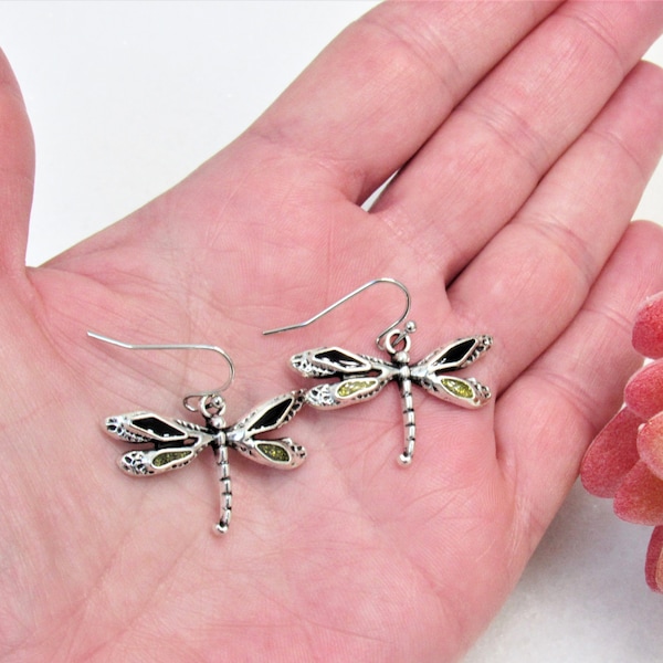 Dragonfly Dangle Earrings, Silver Dragonfly Earrings, Boho Dragonfly Jewelry, Gifts for Her, Gifts Under 15