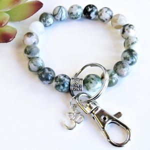 10mm Tree Agate Keychain Bracelet, Chunky Beaded Bracelet, Peace Stone, Best Women's Gifts, Green Gemstone, Birthday Gift For Her Under 25