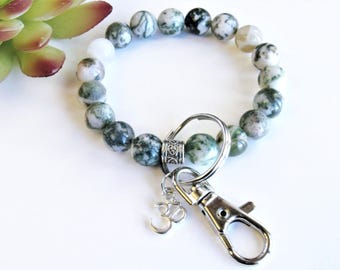 10mm Tree Agate Keychain Bracelet, Chunky Beaded Bracelet, Peace Stone, Best Women&#39;s Gifts, Green Gemstone, Birthday Gift For Her Under 25