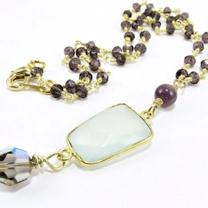Blue Chalcedony Pendant Necklace, Amethyst and Blue Chalcedony, Boho Gold Chalcedony, Amethyst Beaded Chain, Purple Stone Necklace, Gemstone