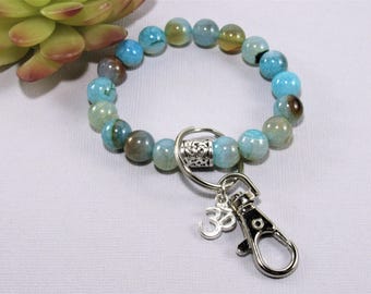 Blue Agate (Healing Stone) Mala Keychain Bracelet,Yoga Keychain, Beaded Keychain, Ohm Keychain, Elastic Keychain, Gemstone Keychain