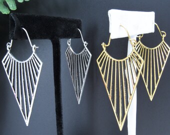 Boho Triangle Hoop Earrings, Metal Hoop, Gold Brass Hoop, Trendy Silver Hoop, Open Design, Bohemian Earrings, Long Hoop, Gifts Under 15