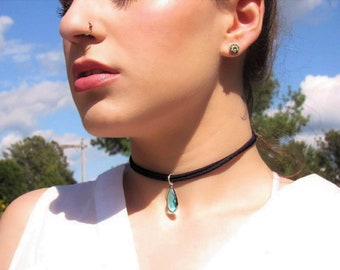 Blue Topaz Choker Necklace, Blue Crystal Choker, Stretchy Choker