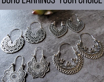 Silver Mandala Hoop Earrings, Big Boho Hoops, Silver Tribal Jewelry, Ethnic Earrings, Stocking Stuffers, Women&#39;s Inexpensive Gifts Under 20
