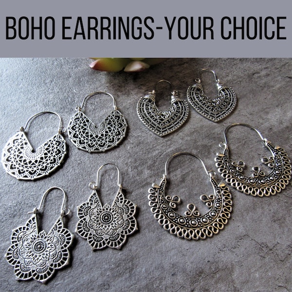 Silver Mandala Hoop Earrings, Big Boho Hoops, Silver Tribal Jewelry, Ethnic Earrings, Stocking Stuffers, Women's Inexpensive Gifts Under 20