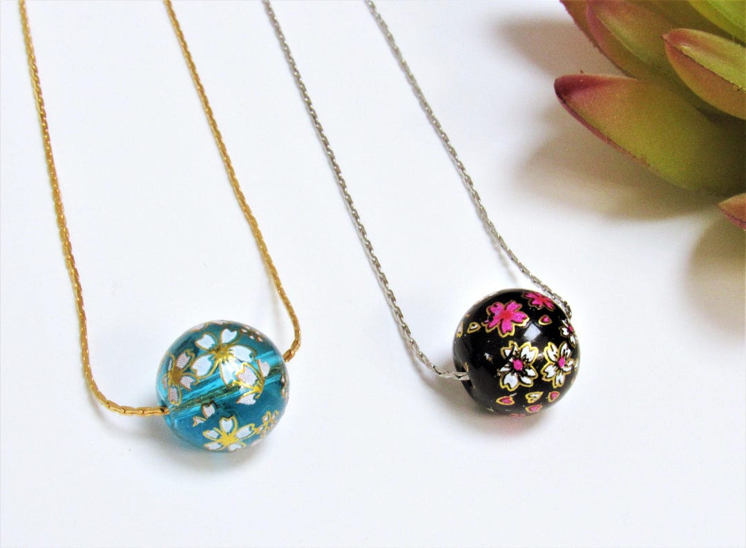 12mm Vintage Japanese Tensha Bead Necklace, Hand Painted, Boho Dainty