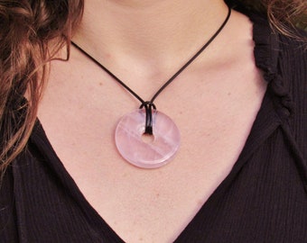 ROSE QUARTZ (Healing) DONUT Pendant Necklace, Rose Quartz Disc, Leather Gemstone Necklace, Boho Necklace, Vegan Leather Gemstone Necklace