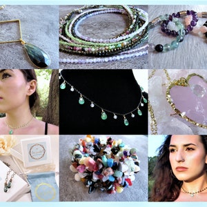 May include: A collage of images showcasing various gemstone jewelry pieces, including necklaces, bracelets, and earrings. The jewelry features a variety of gemstones, such as amethyst, rose quartz, and emerald. The images also include close-ups of the jewelry and models wearing the pieces.