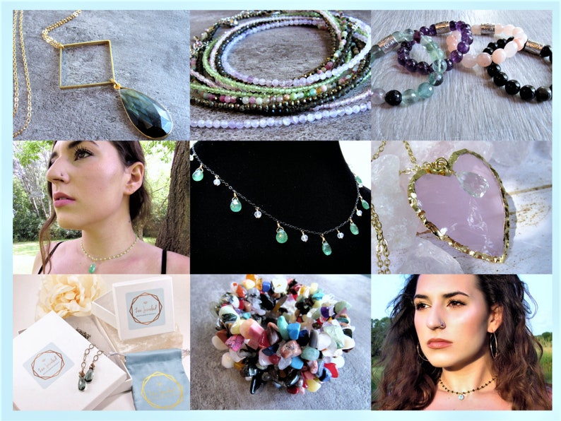 May include: A collage of images showcasing various gemstone jewelry pieces, including necklaces, bracelets, and earrings. The jewelry features a variety of gemstones, such as amethyst, rose quartz, and emerald. The images also include close-ups of the jewelry and models wearing the pieces.