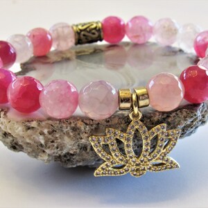 Pink Agate Lotus Bracelet, Gemstone Stretch, Cracked Cherry Agate, Calming Stone, Layering Beaded, Louts Flower Jewelry, Yoga Gift For Her