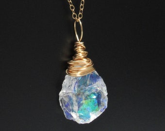 Raw Angel Aura Quartz Necklace, Big Pendant, Healing Gemstone, Gold Wire Wrapped, Rainbow Aura, Mermaid, Beautiful Quartz, Gift For Women