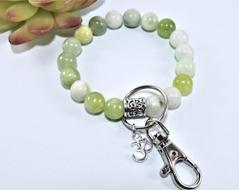 Jade Gemstone Yoga Keychain, Good Luck Gift, Protection Stone, Jade Bracelet, Chunky Beaded, Ohm Jewelry, Good Fortune, BohoGreen Jade