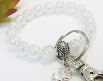 AB Crackle Quartz Keychain, 10mm Quartz Beaded Bracelet, Gemstone Wrist Keychain, Gifts for Women