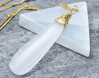 Selenite Pendant Necklace, Healing Selenite Crystal, Raw Selenite, Teardrop, Angel Communication, Gold Wire Wrapped, Protection Stone, Gift