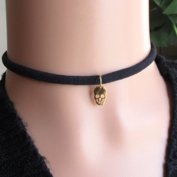 14K Gold Skull Necklace, Tiny Skull Choker,  Halloween Necklace, Dainty Skull Jewelry, Black Stretch Choker, Gift For Women