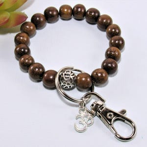 Robles Wood Beaded Mala Keychain Bracelet, Ohm Keychain, Yoga Keychain, Stretch Bracelet Keychain