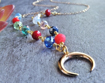 Gold Double Horn Colorful Crystal Necklace, Gold Crescent Moon Pendant, Boho Horn Necklace,Gold Celestial Necklace,Colorful Crystal Necklace