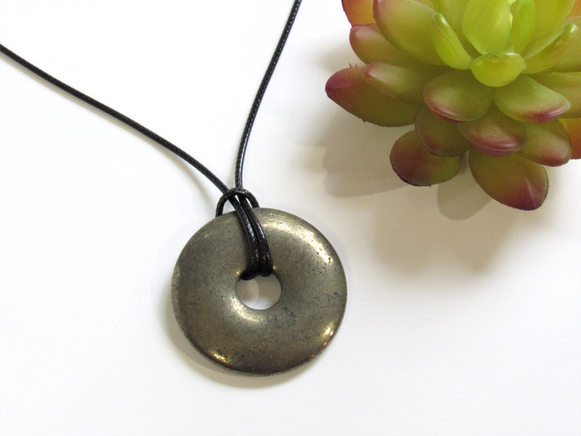 Pyrite Circle Pendant, Pyrite Protection Necklace, Leather Pyrite Donut, Vegan Pyrite, Unisex Jewelry, Natural Pyrite, Pi Stone, Boho Gifts