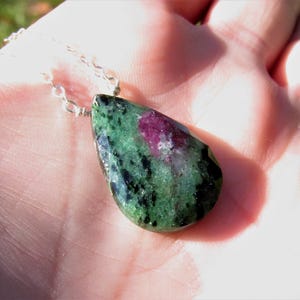 Natural Ruby Zoisite Necklace, Teardrop Ruby Zoisite Pendant, Sterling Silver, Green and Purple Gemstone, 14K Gold Fill, Gift for Her