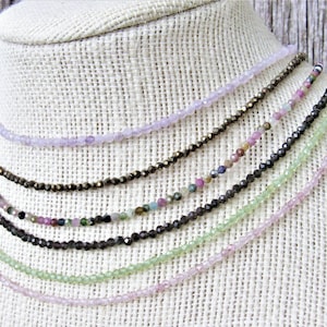Petite Gemstone Necklace, Boho Beaded Choker, Thin Amethyst, August Birthstone, Dainty Tourmaline, Birthstone Gifts, Layering Beach Jewelry