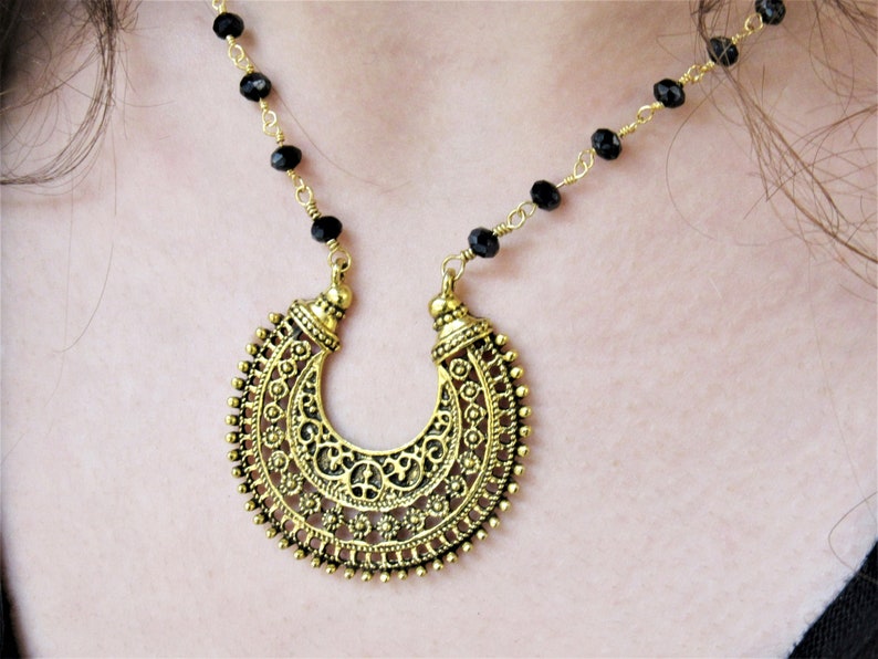 Boho Gold Ethnic Necklace, Black Beaded Necklace, Dainty Onyx Chain, Tibetan Pendant, Trendy Bohemian Jewelry, Gift For Women image 3