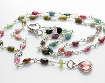 Watermelon Tourmaline Necklace, Long Oval Beaded Chain, Multicolor Gemstones