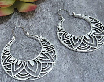 Big Lotus Flower Hoops, Silver Bohemian Hoops, Statement Earrings, Boho Flower, Mandala Jewelry, Gift For Women, Best Selling Gift Under 15