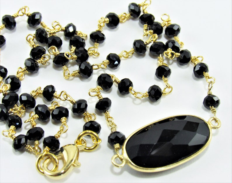 Boho Onyx Pendant Black OnyxCrystal Necklace Gold and Black Necklace Onyx Rosary Chain,