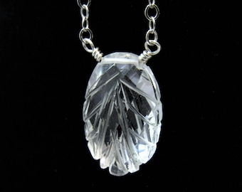Carved Rock Quartz Pendant, Healing Crystal, Clear Crystal Leaf, Crystal Quartz, Dainty Stone Leaf, Gift For Her