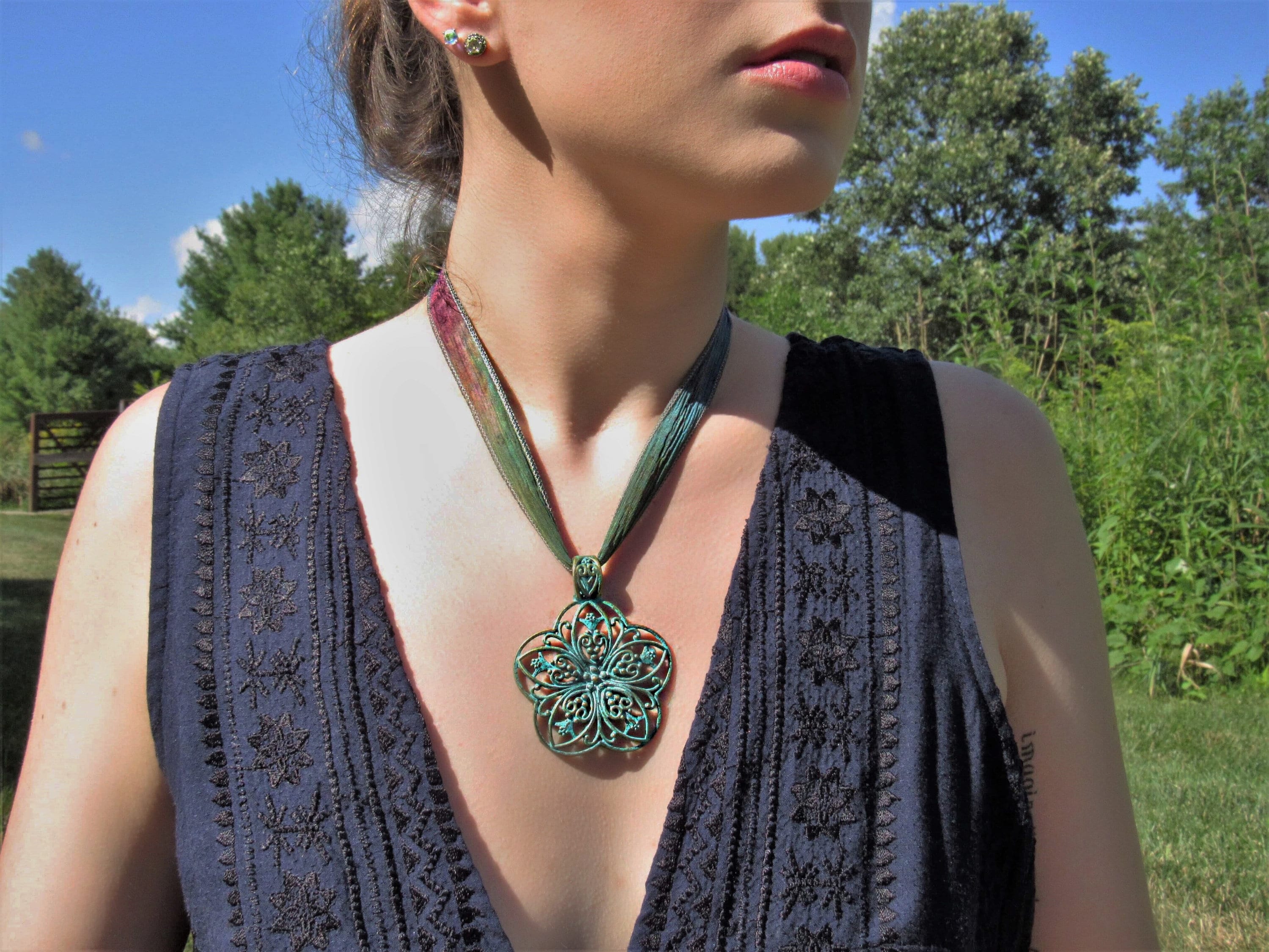 Boho Flower Pendant Ribbon Necklace, Bohemian Patina Floral