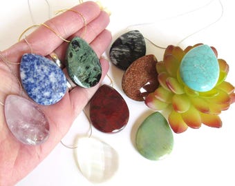Big Gemstone Teardrop Pendant Necklace, Faceted Natural Stone Drop, Statement Necklace, Pineapple Quartz, Jasper, Amethyst, Gift For Women