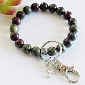10mm Dragons Blood Jasper Keychain , Beaded Wrist Keychain, Gemstone Bracelet, Green and Red Stone, Yoga Gift, Women's Gift Under 25 image 1