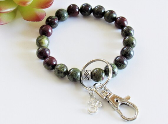 10mm Dragons Blood Jasper Keychain , Beaded Wrist Keychain, Gemstone Bracelet, Green and Red Stone, Yoga Gift, Women's Gift Under 25