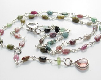 Tourmaline Beaded Necklace, Watermelon Tourmaline, Sterling Silver Y-Necklace, Colorful Gemstone Jewelry, Mixed Stone, Women's Gift