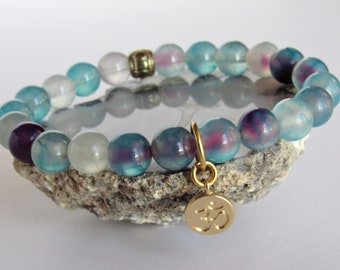 Purple Agate Bracelet, Mixed Agate Beaded Bracelet, Stone Stacking and Layering, 14K Gold Ohm Charm, Trendy Layering Bracelet, Womens Gift