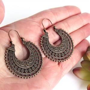Copper Ethnic Hoop Earrings, Gypsy Hoops, Mandala Design, Boho Statement Hoops, Tunnel Earrings, Trendy Metal Hoops, Women's Gift