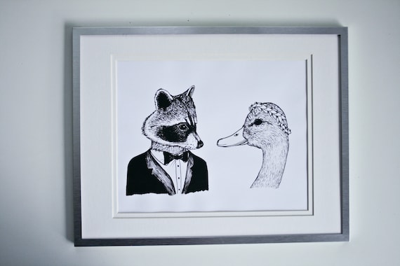 Raccoon Duck Marriage Drawing Art Print B W Animal Love Wedding