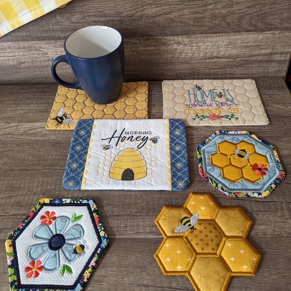 Embroidered mug rug, mug rug, coasters, trivet, honeycomb bee mug rug, flower & bee, morning honey, home is where honey is