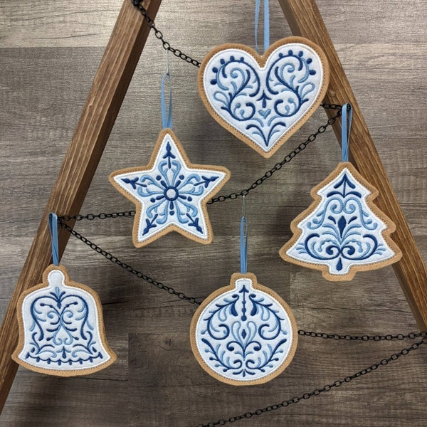 Delft blue embroidered ornaments, heart star tree bell circle ornaments, machine embroidered, cookie-like ornaments