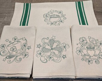 St. Patrick Day towels, claddagh, shamrock, pot gold, leprechaun hat, Irish, March, embroidered kitchen towel, tea towel, house warming gift