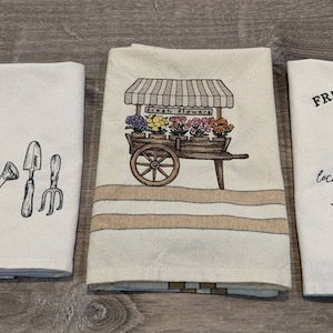 Embroidered tea towels cute flower cart