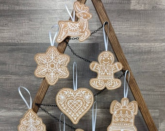 Gingerbread ornaments, embroidered ornament, gift tags, cookie ornaments, star, heart, mitten, bell, reindeer, tree, snowflake, angel