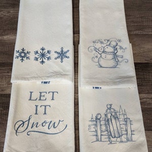 Winter towels,  Let it Snow, Snowflake, Snowman, Sled, embroidered kitchen towel, bridal gift, tea towel, house warming gift, kitchen decor
