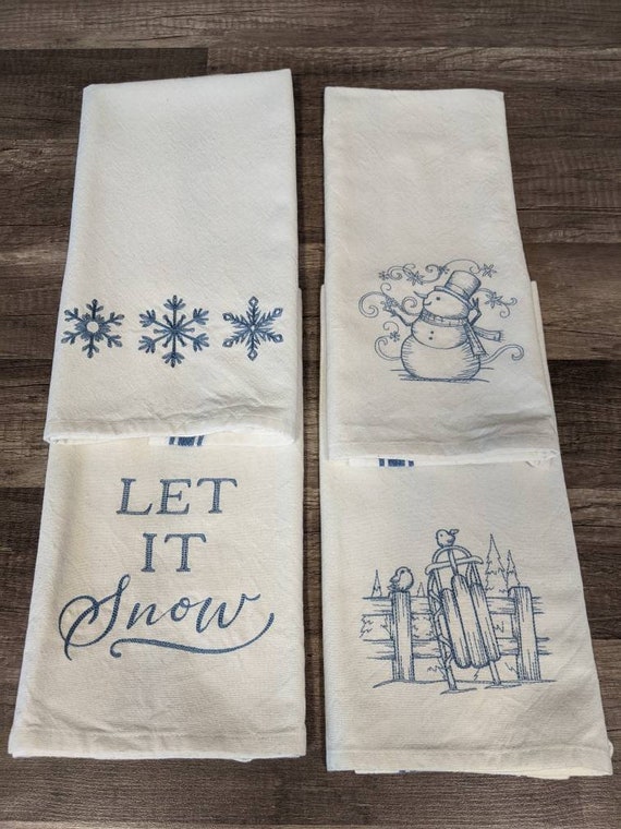 Winter Towels Let It Snow Snowflake Snowman Sled Embroidered Kitchen Towel Bridal Gift Tea Towel House Warming Gift Kitchen Decor Etsy